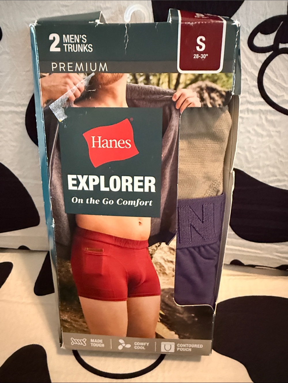 NIB Hanes Men's Sm. 28-30 Trunks - Tan & Purple w/side small pocket.